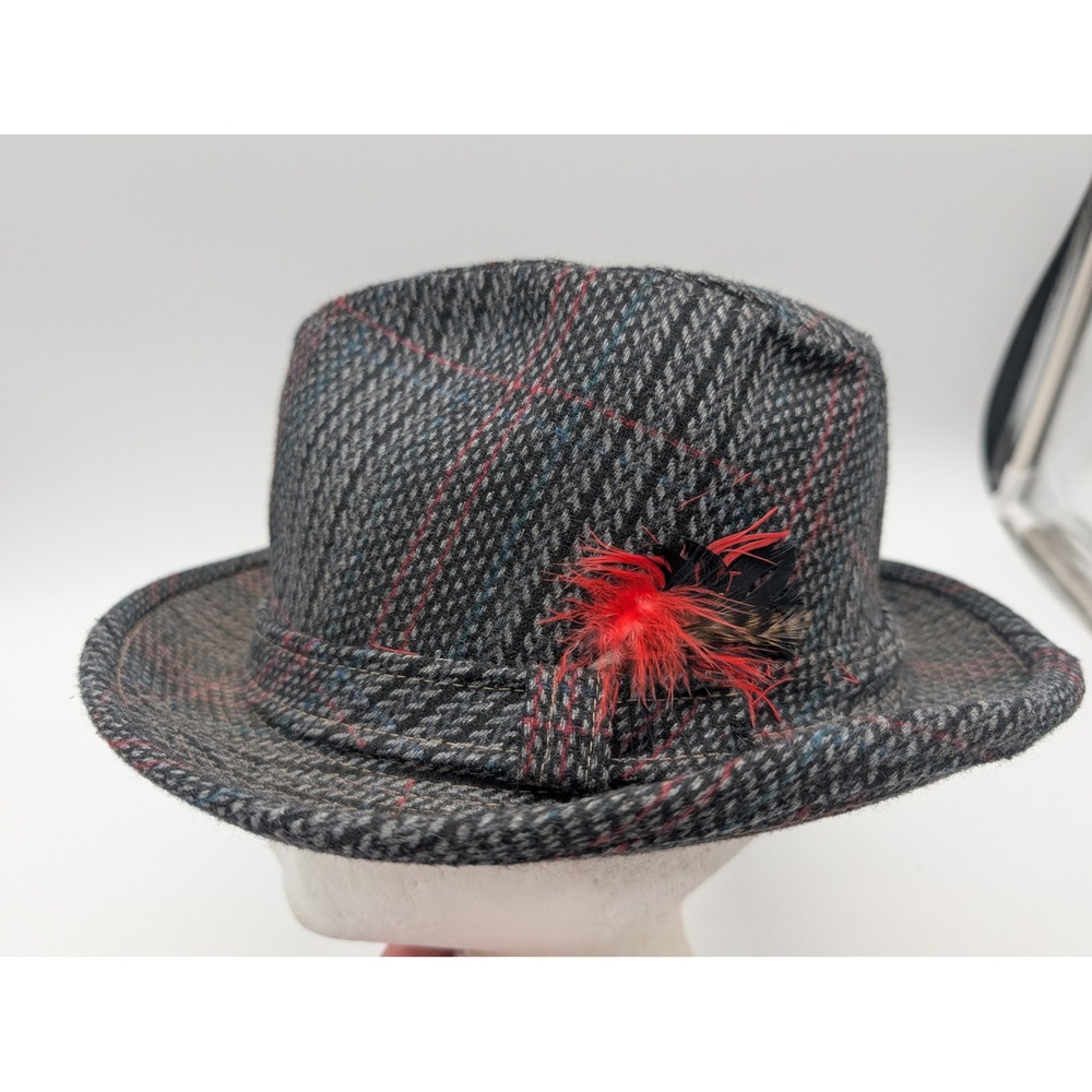 Designer Collection Grey Plaid Fedora Hat Red Feather Made in USA Size 6 7/8 55